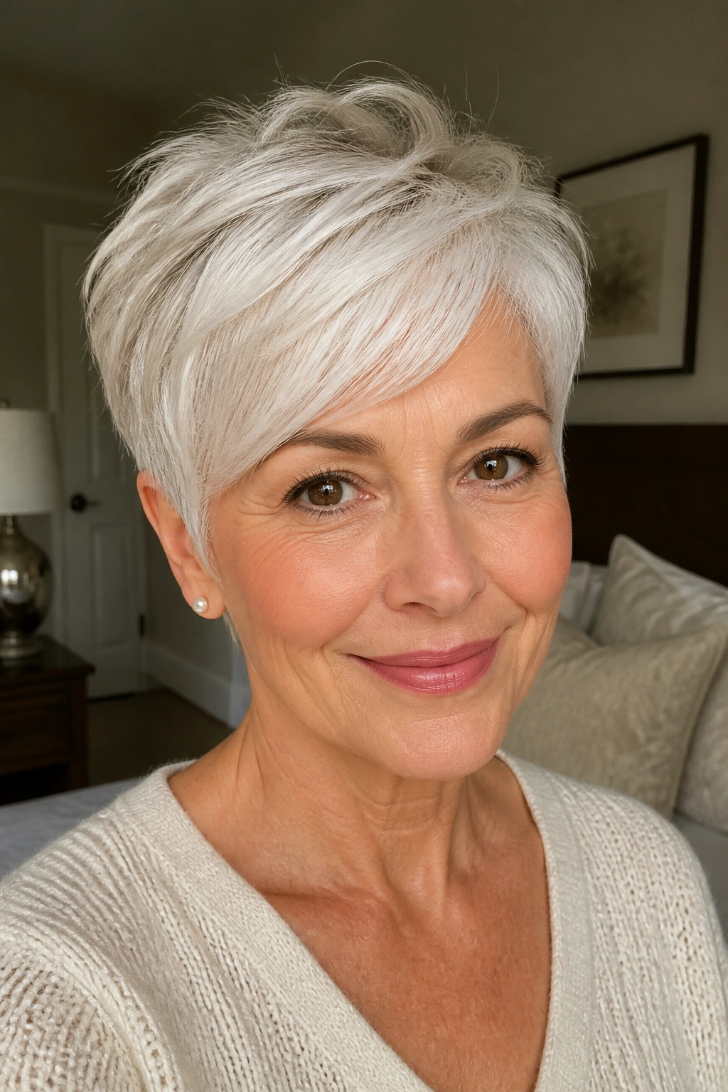 Close-up of a real woman with a pearl-white pixie hairstyle