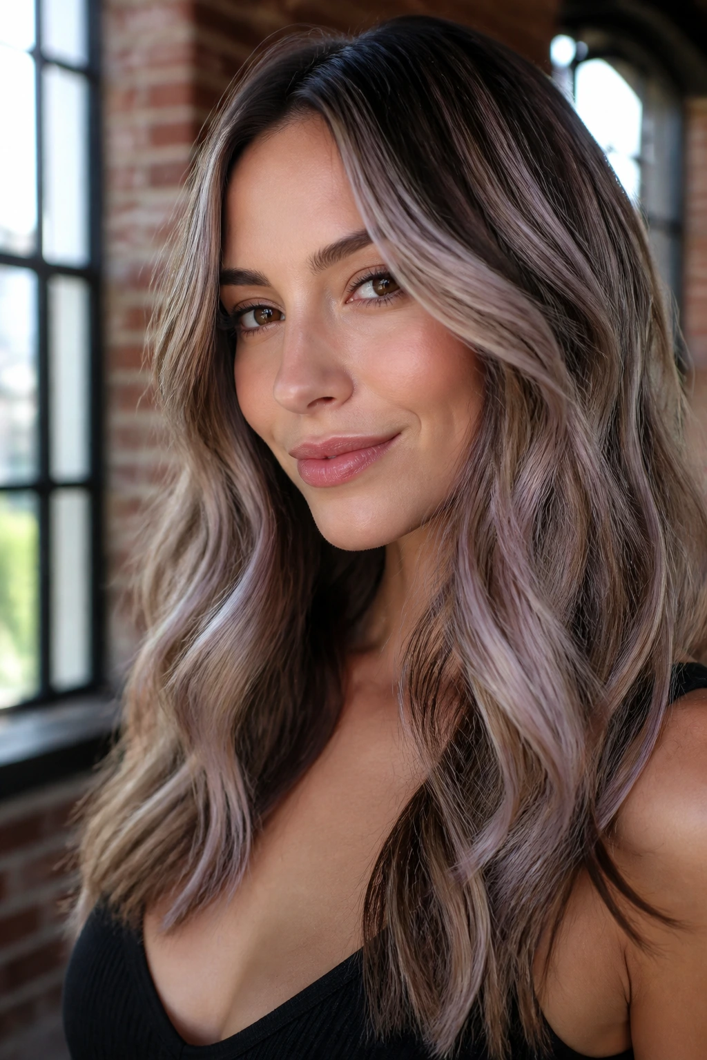Close-up of hair with pearlescent ash highlights and lavender sheen on brown hair.