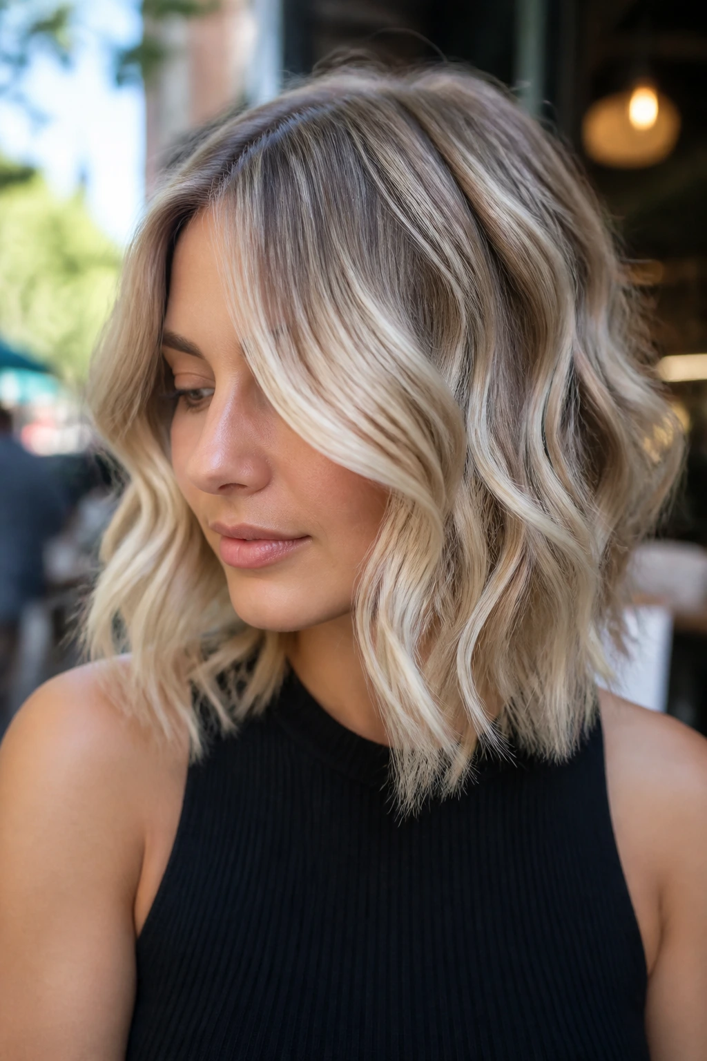 Portrait of a real woman with pearlized balayage on a wavy lob