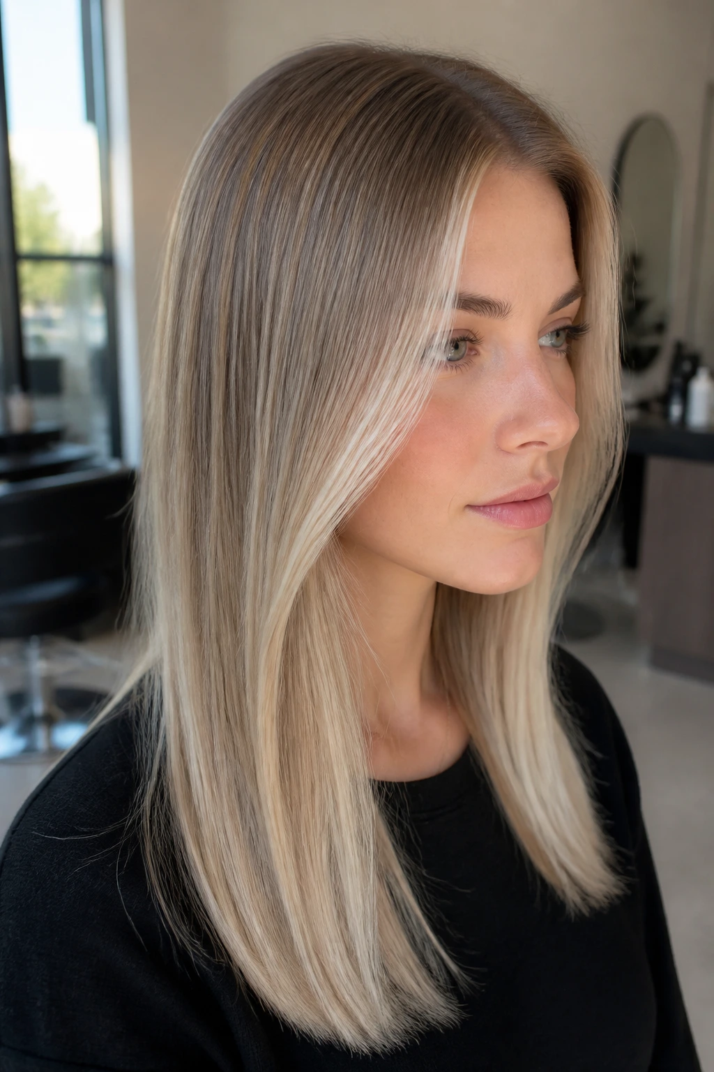 Close-up portrait of a woman with pearlized root melt hair transitioning from dark roots to pale pearl ends.