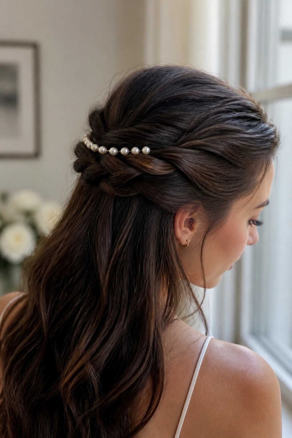 Close-up of real woman's half-up braid with pearl accents along the crown