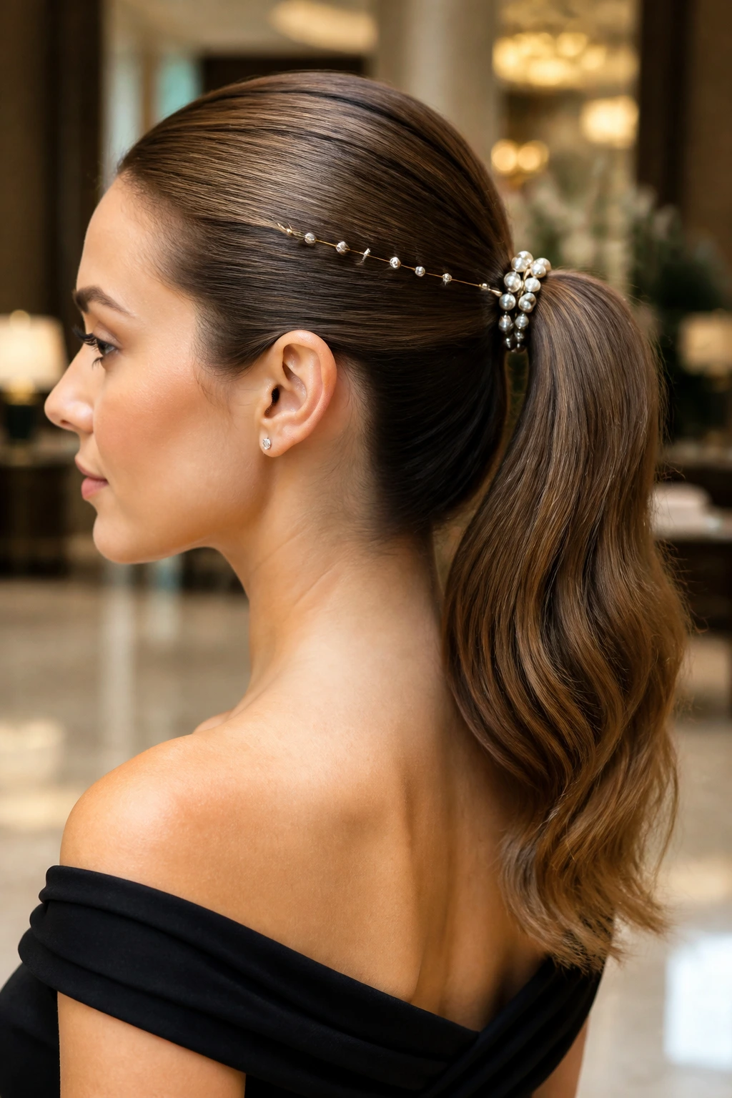Real woman with pearls-and-pins ponytail at formal event