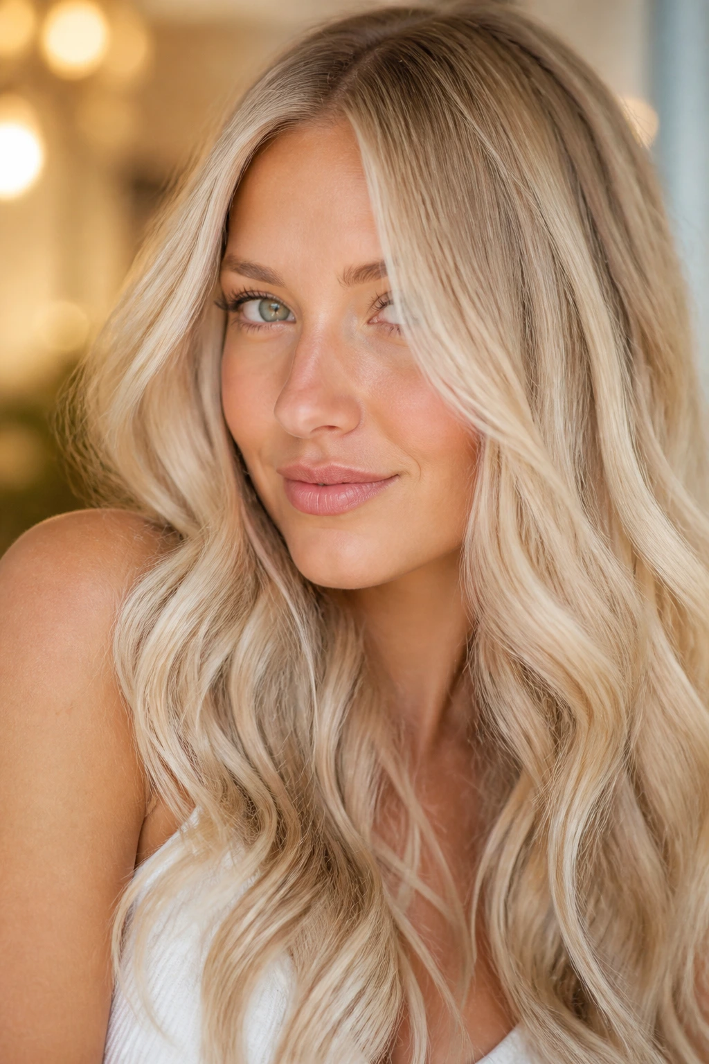 Close-up portrait of a real woman with pearly beige blonde hair