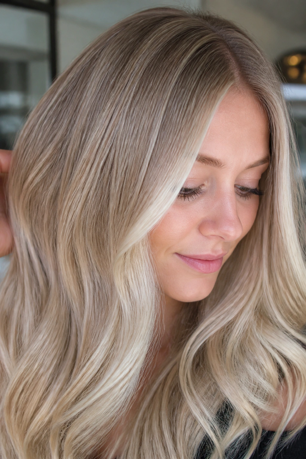 Pearly blonde balayage with low-contrast cool beige tones