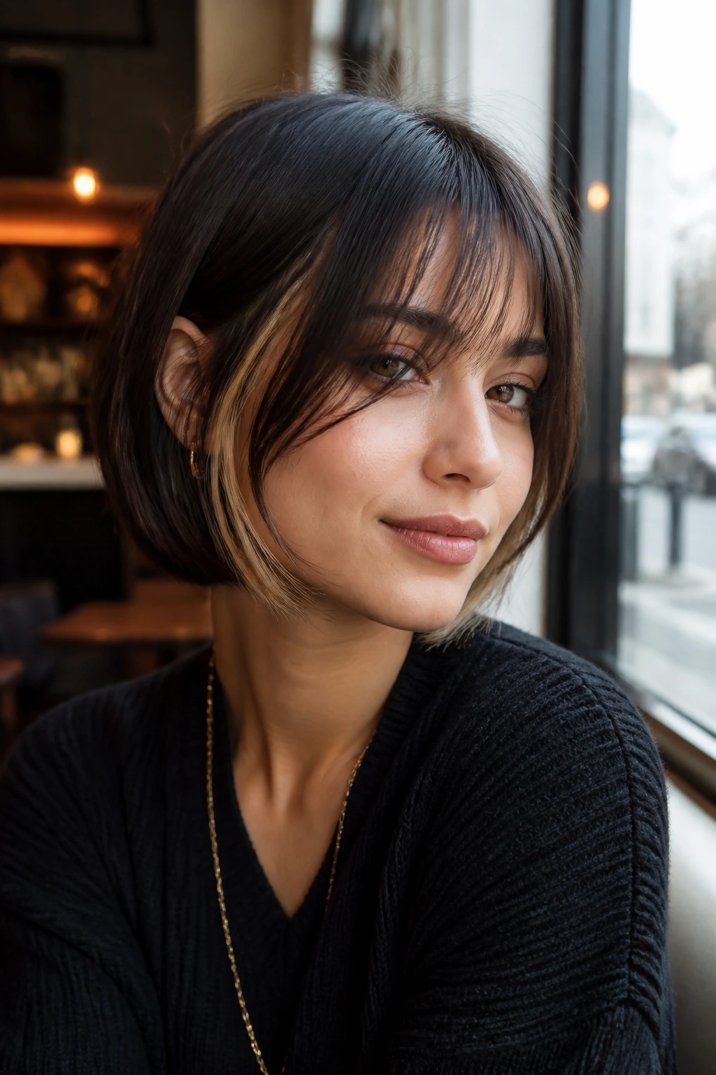 Real woman with a bob and peekaboo bangs grazing the cheekbone