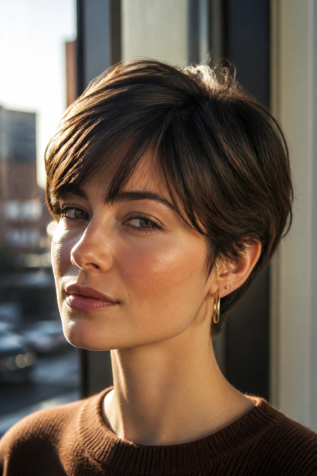 Close-up portrait of peekaboo bangs on cropped cut