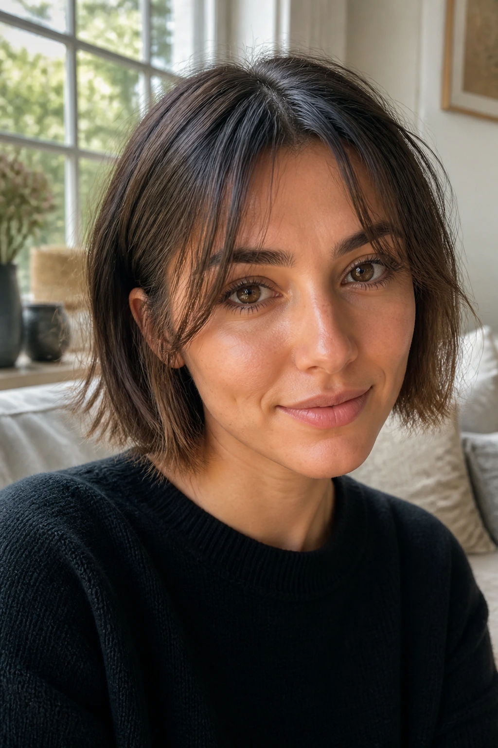 Close-up of real person wearing peekaboo bangs around the eyes in natural light.
