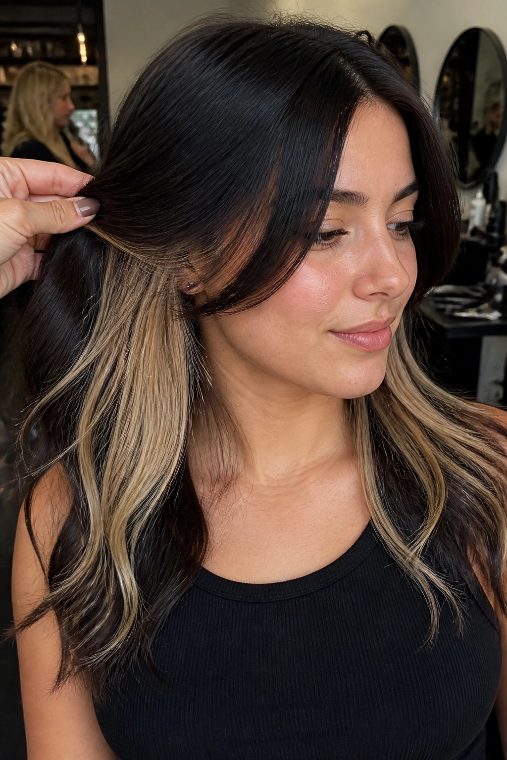 Close-up of peekaboo blonde under dark layers on a real person