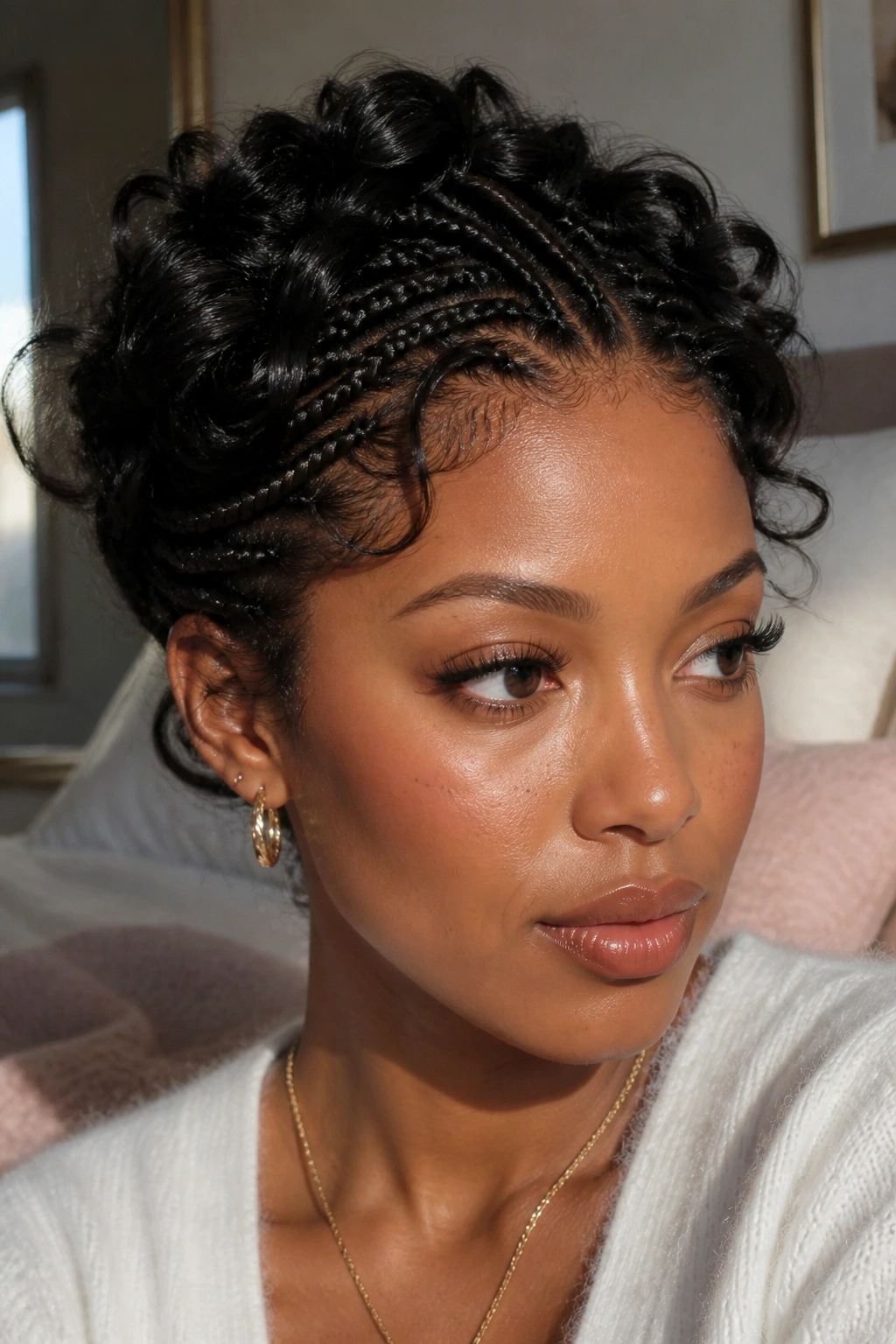 Close-up of peekaboo braids with loose curls on a pixie