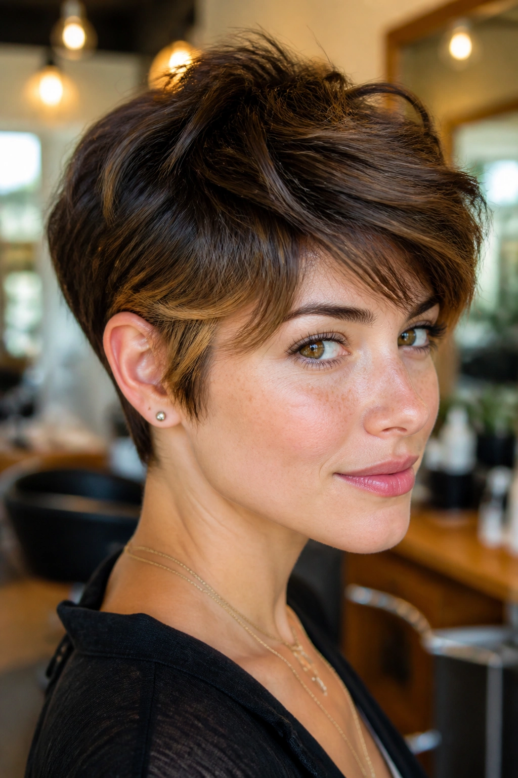 Textured crop with peekaboo caramel panels visible beneath the top layer on a real person