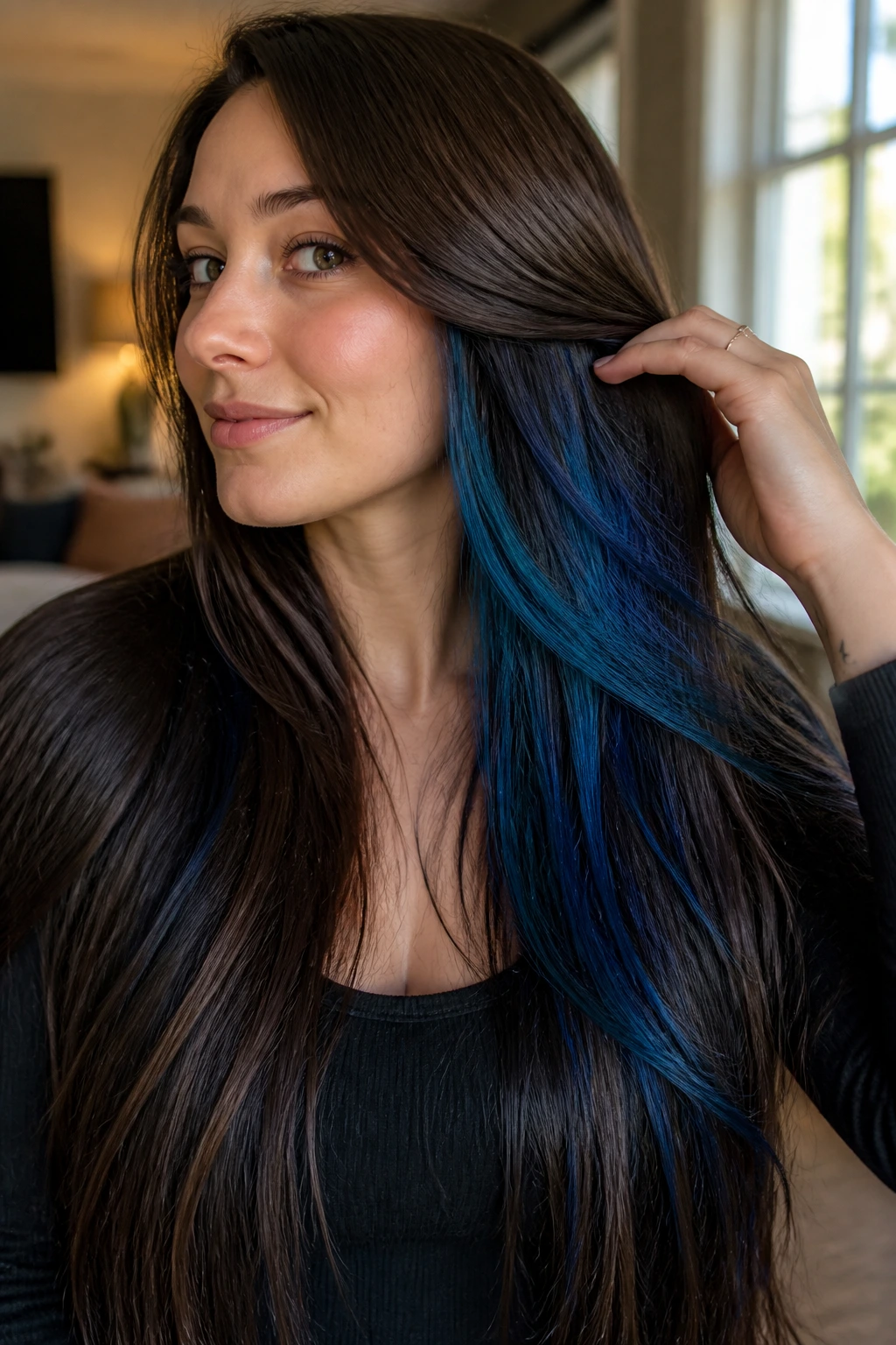 Close-up of a woman’s hair showing blue peekaboo tones under long layers