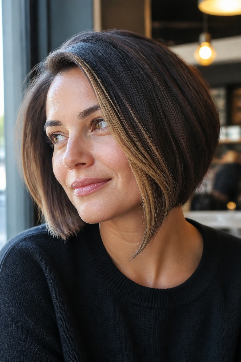 Close-up of a real woman with a chin-length bob and peekaboo front highlights in natural light
