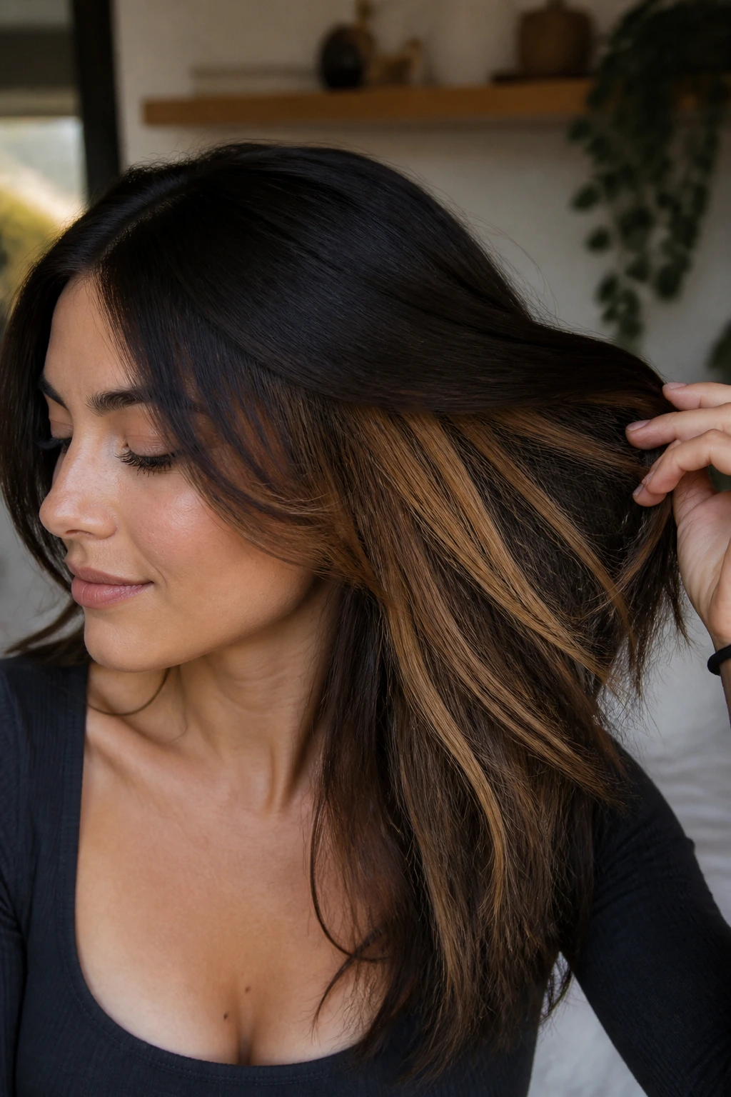 Peekaboo caramel highlights beneath top layer.