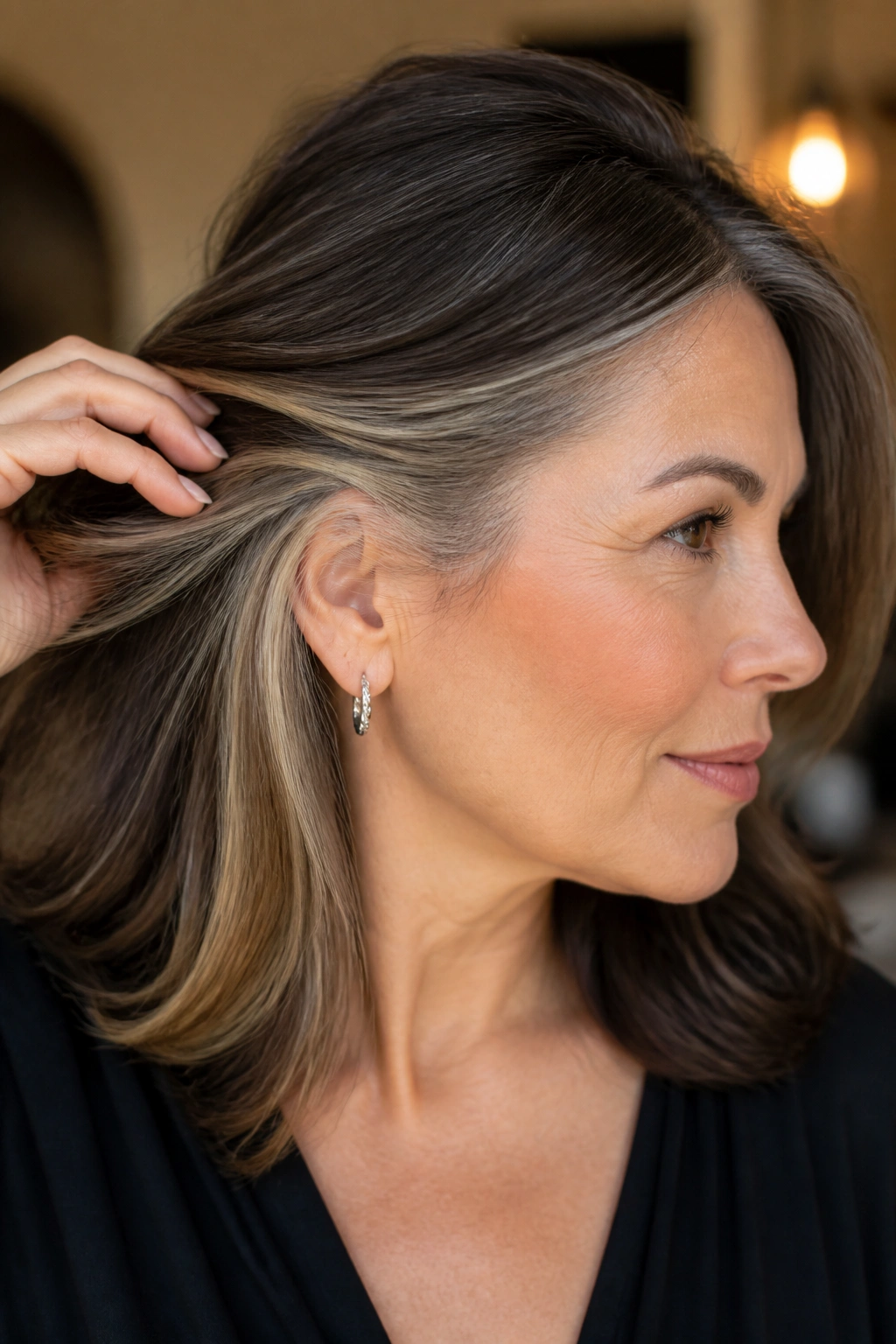 Hair showing hidden peekaboo highlights beneath crown
