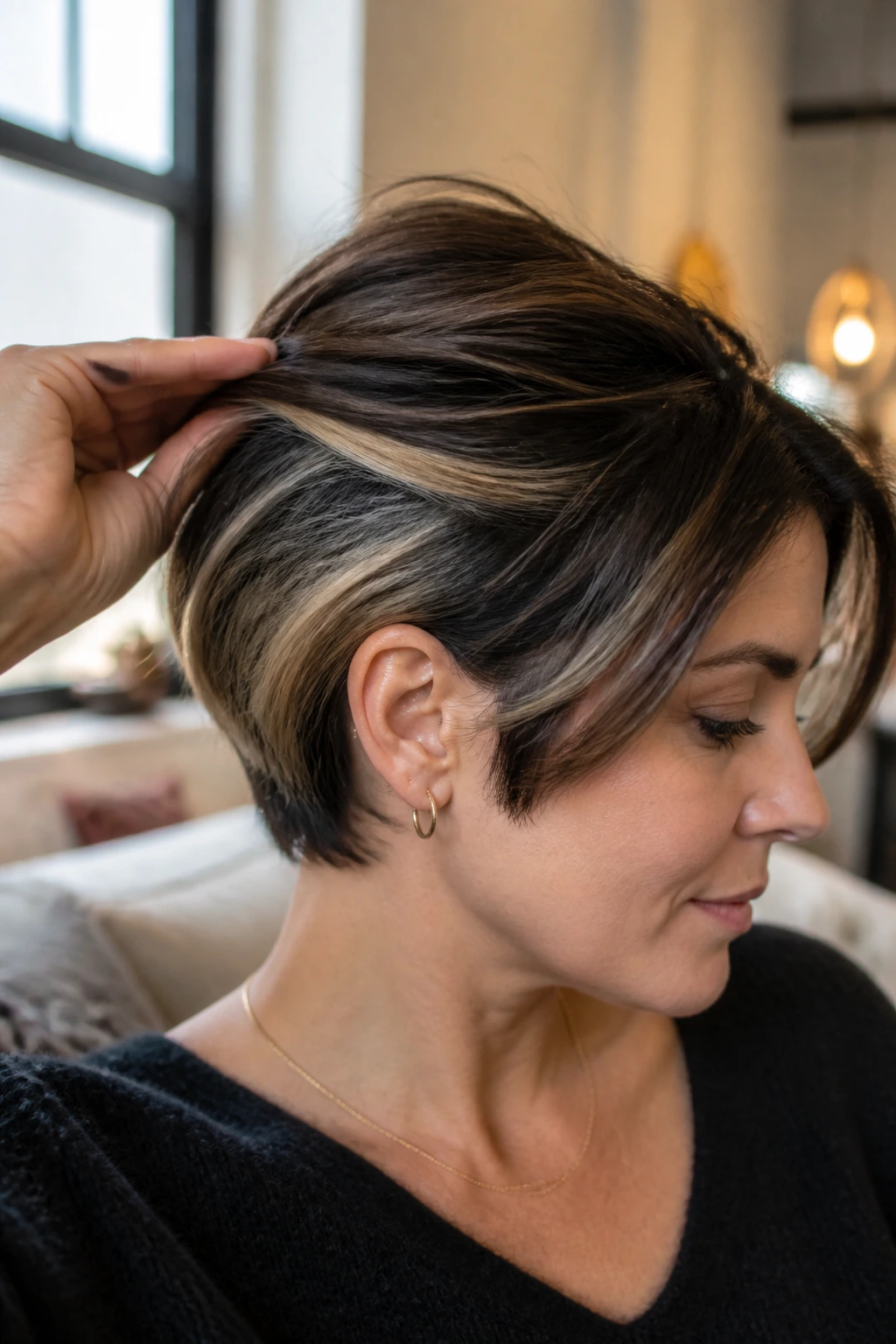 Close-up of a real person with short hair showing teal peekaboo highlights under the top layer