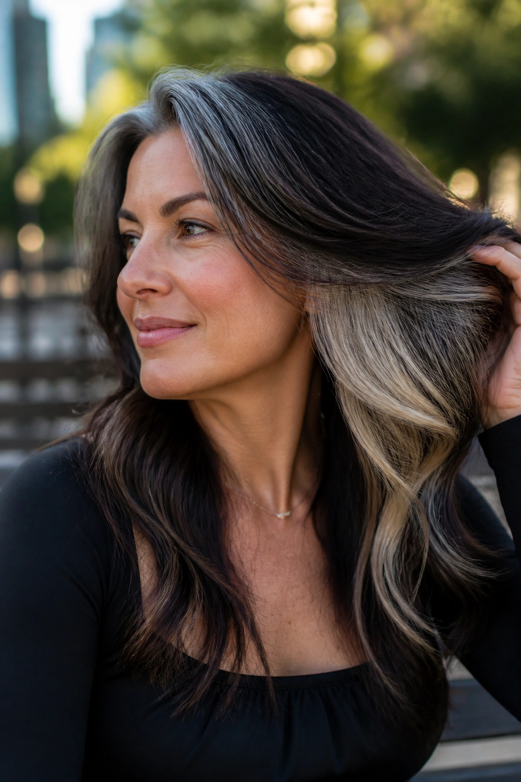 Hair showing peekaboo highlights under the top layer in motion