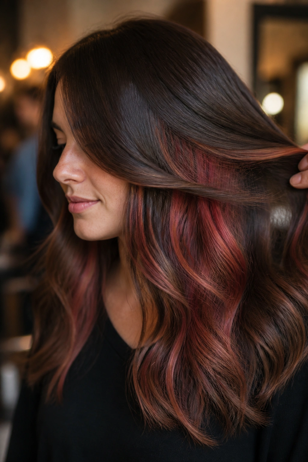 Close-up of brunette hair showing peekaboo color under top layer