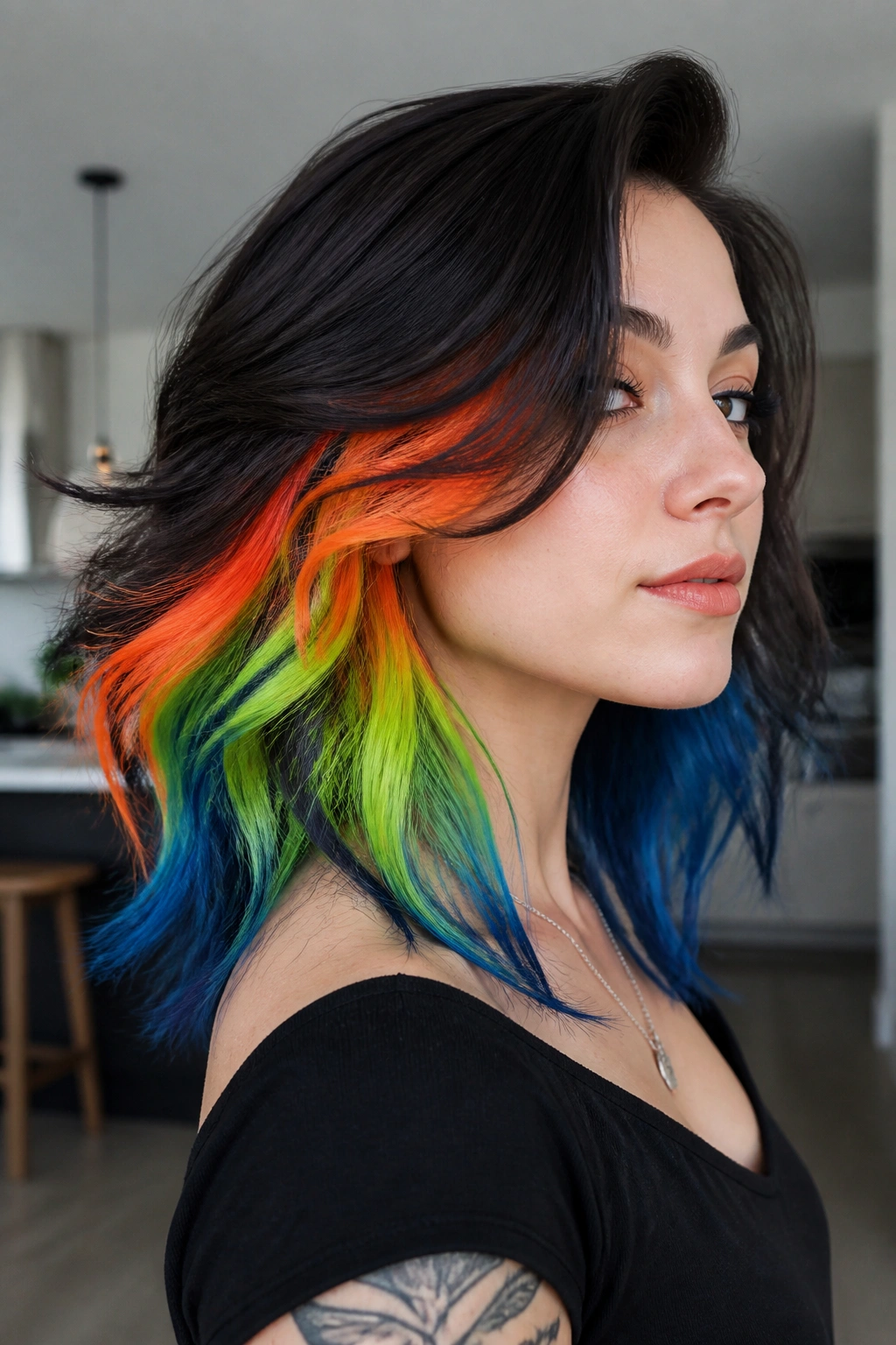 Close-up of a real person showing peekaboo neon underlayers in hair