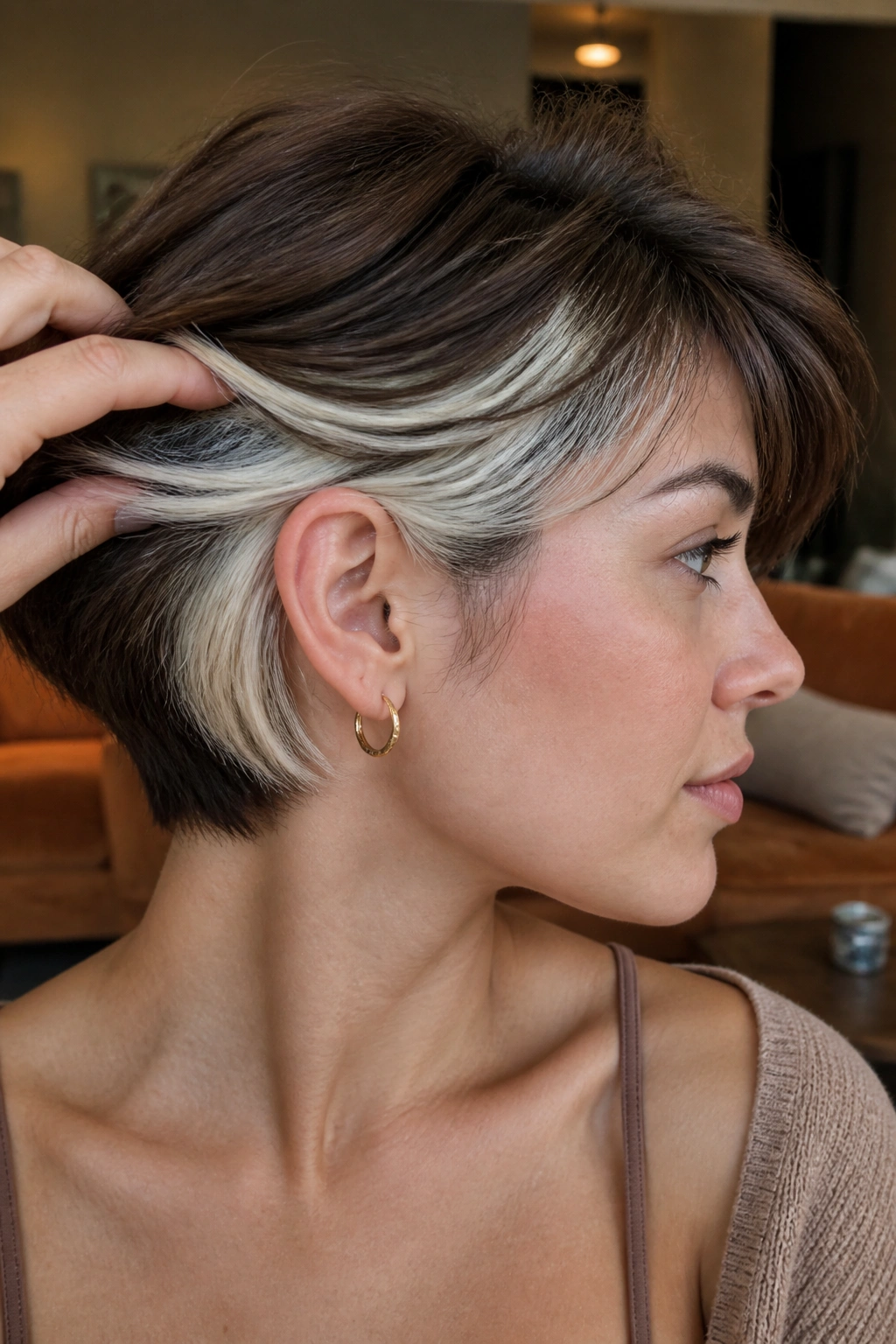 Close-up portrait of a real person showing hidden peekaboo panels under the top layer