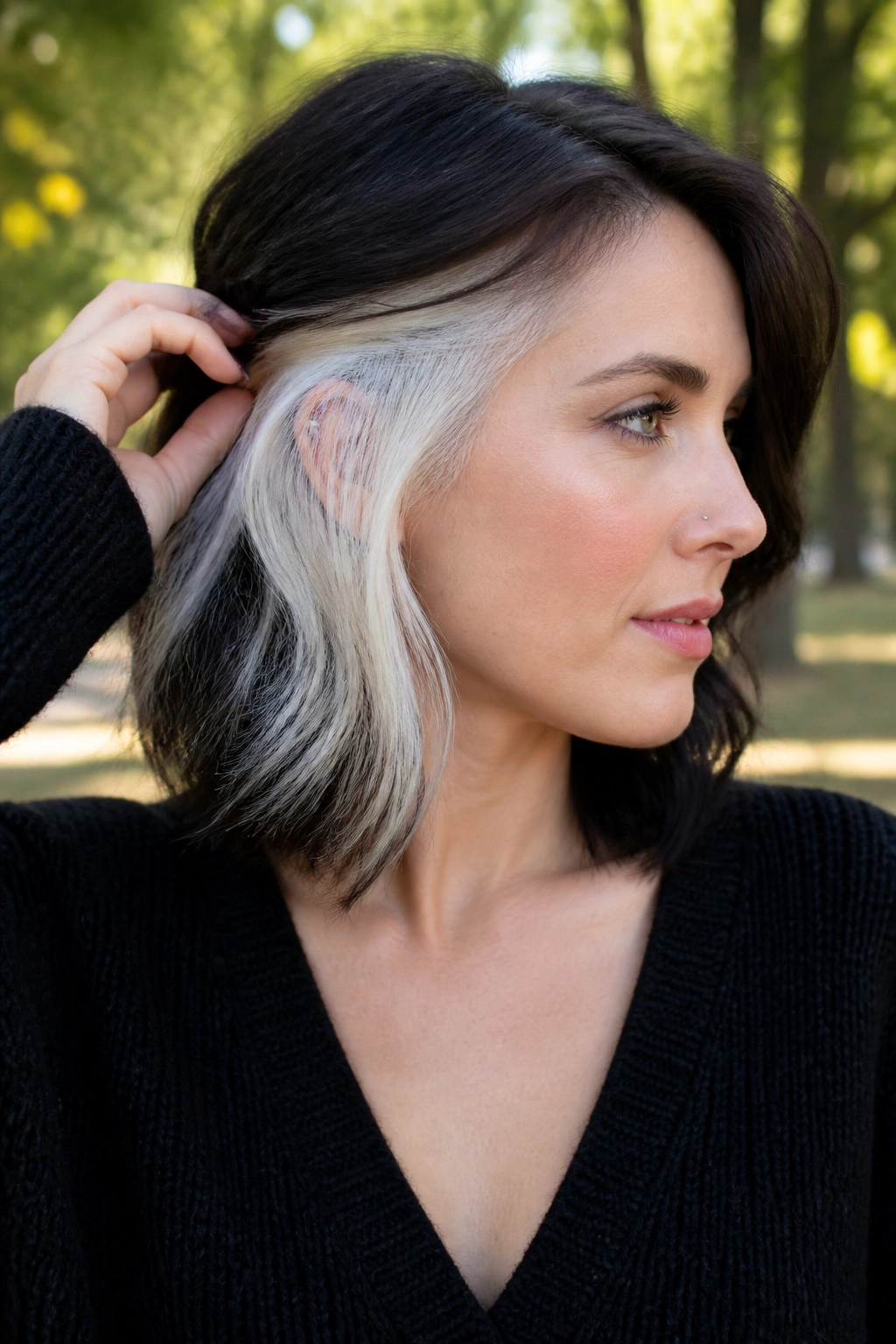 Real person showing white peekaboo panels tucked under the top hair layer.
