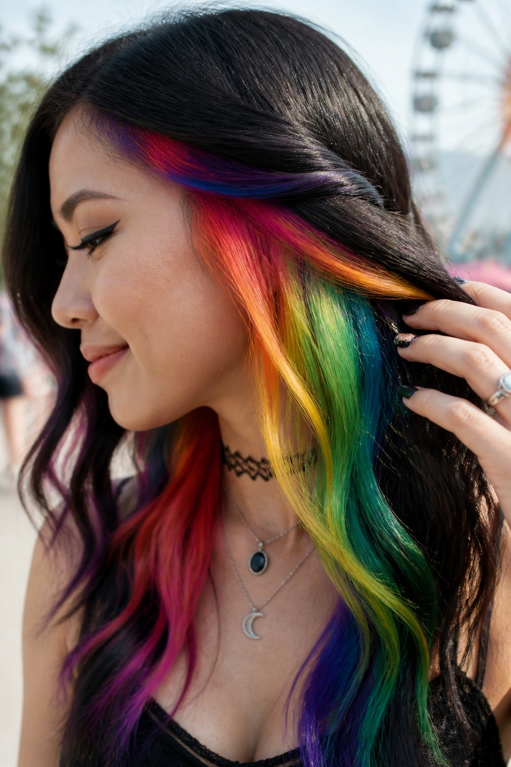 Close-up portrait of a real person with rainbow peekaboo layers visible through hair movement