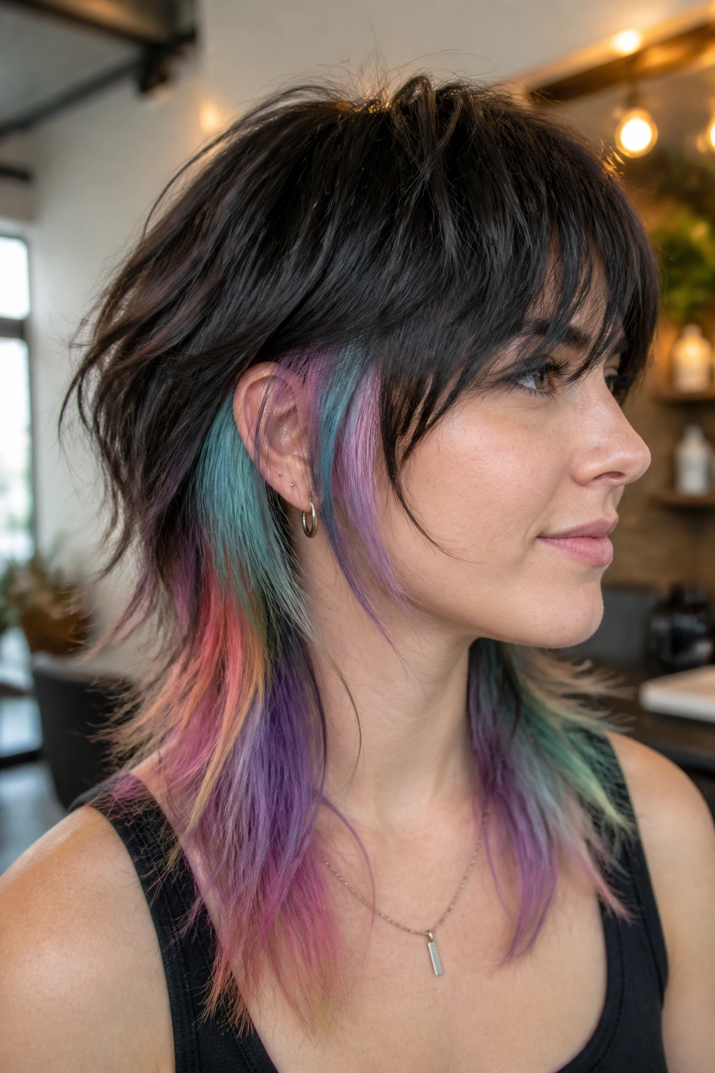Close-up portrait of a real woman with a peekaboo rainbow wolf cut showing hidden color panels
