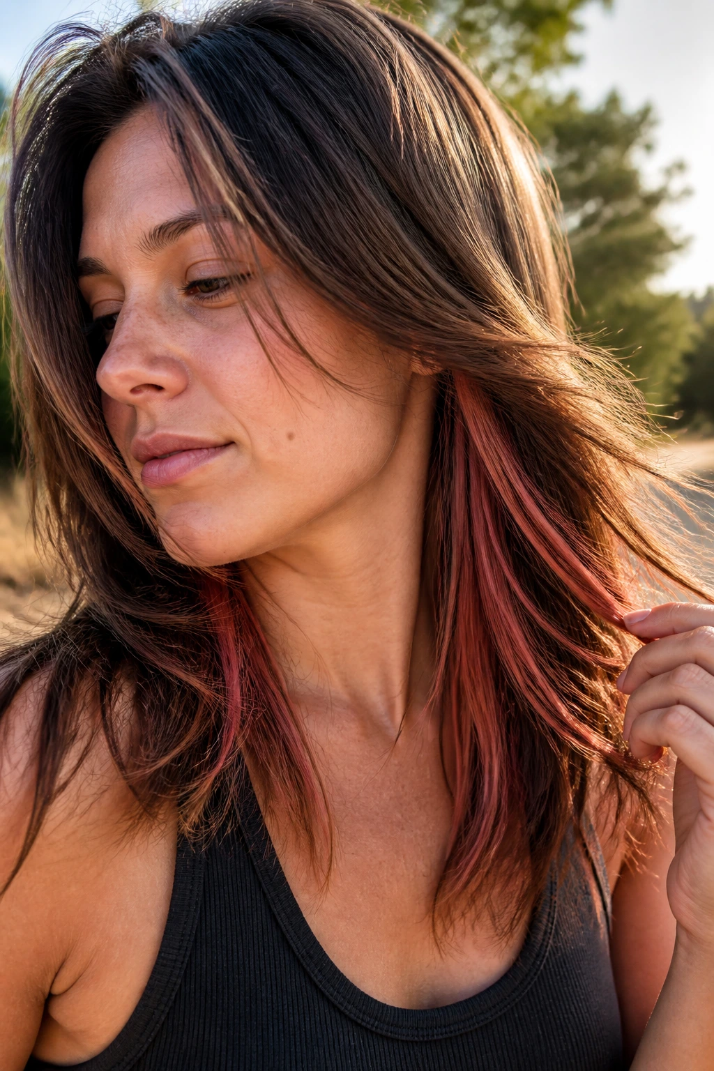 Close-up portrait of a real woman with hidden rose gold panels peeking through hair