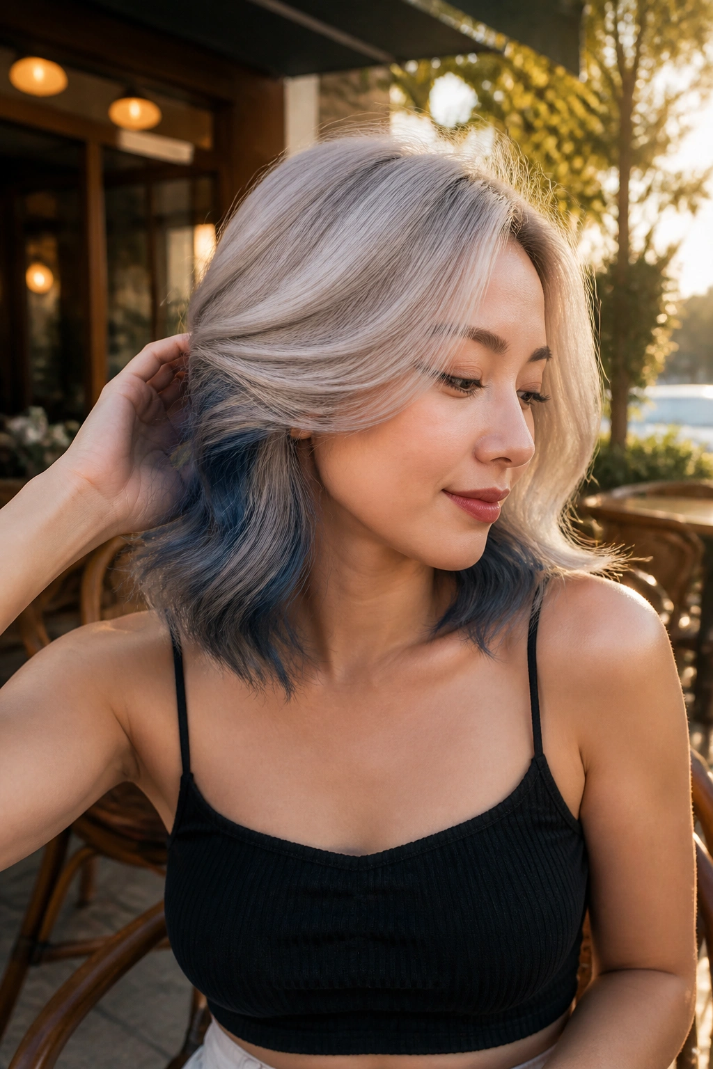 Real person showing silver hair with smoky blue peekaboo panels outdoors