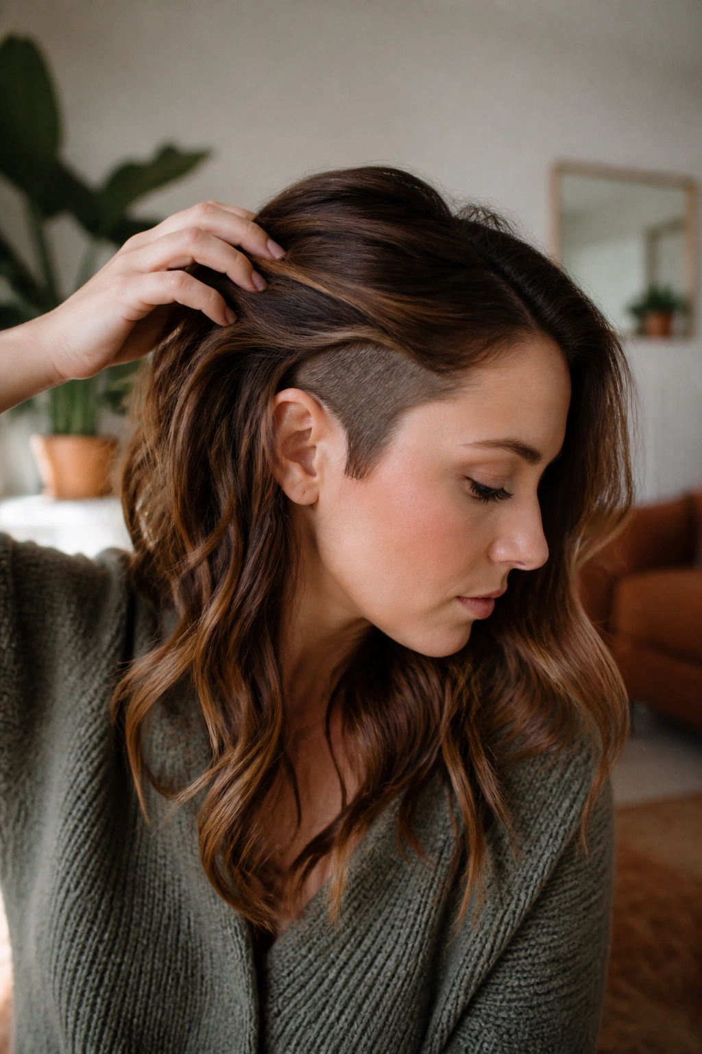 Portrait of woman with peekaboo undercut hidden under loose waves