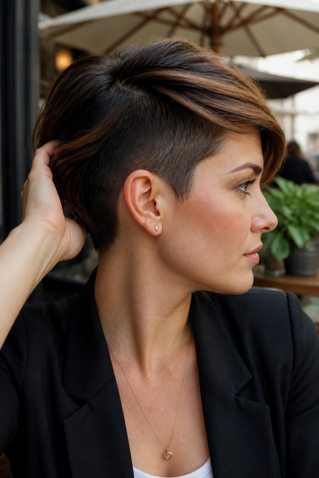 Close-up portrait of a real person showing a peekaboo undercut in a long pixie