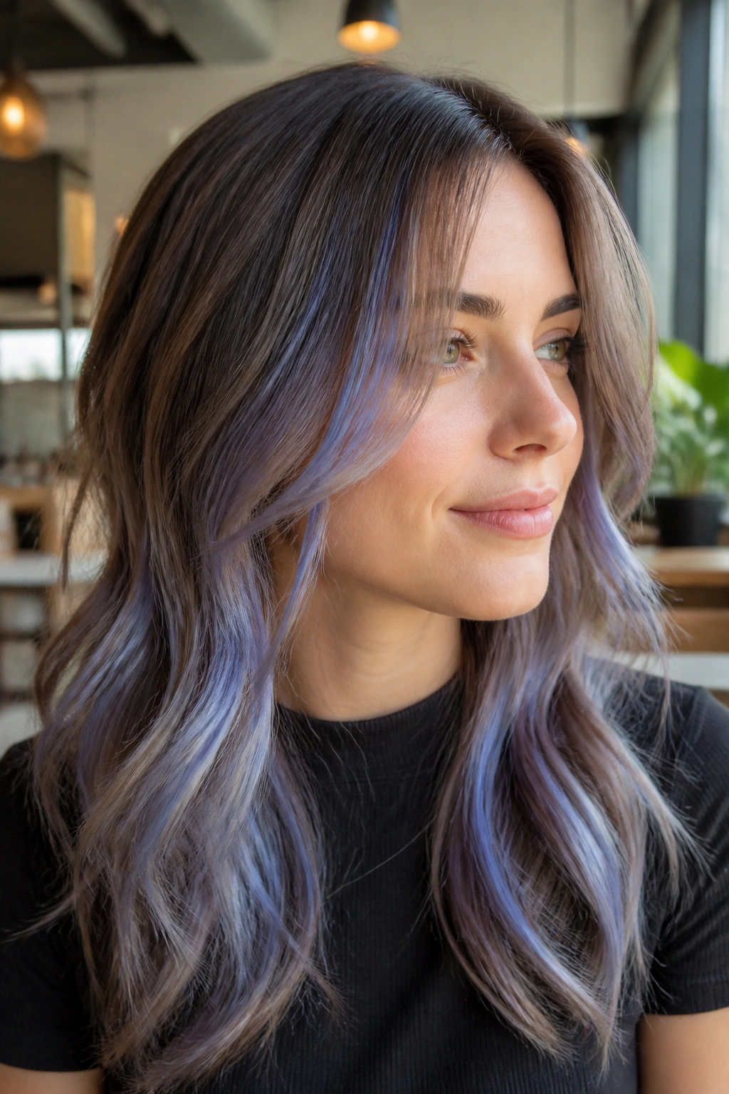 Close-up of a real woman with periwinkle pastel streaks in hair