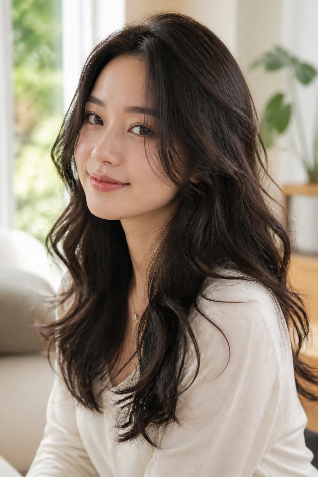 Real woman with long layered hair and soft waves suitable for perm style
