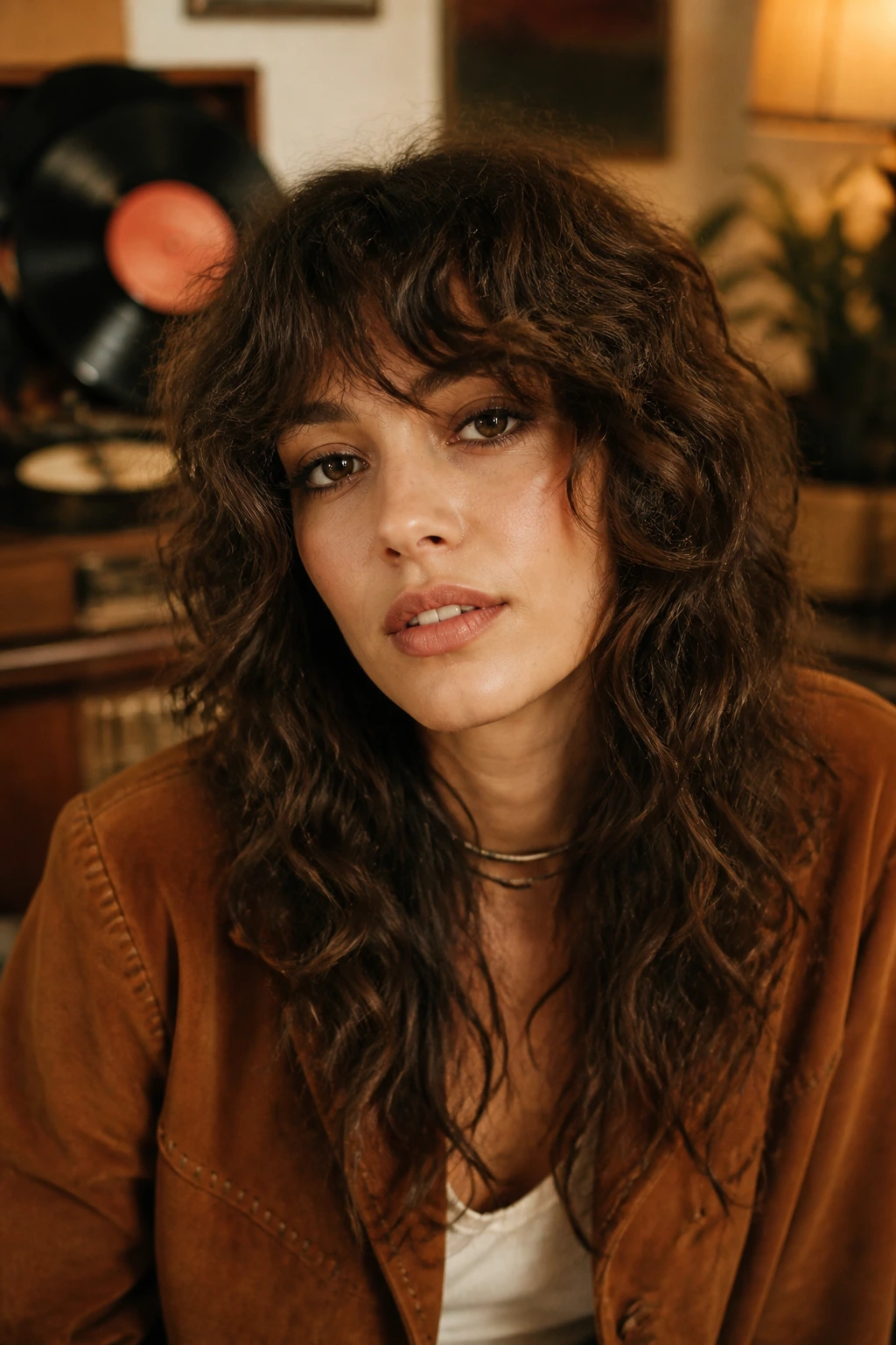 Close-up of a real woman with a loose wave perm shag in a retro setting