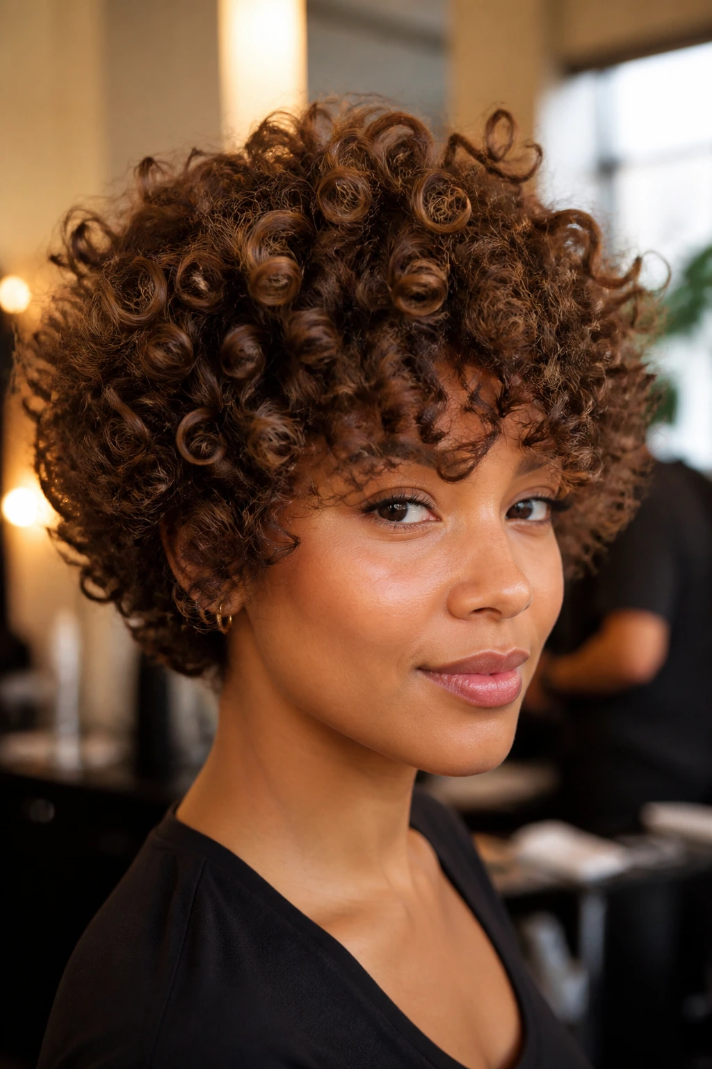 Close-up of a real woman with tight uniform curls and rounded crown volume.