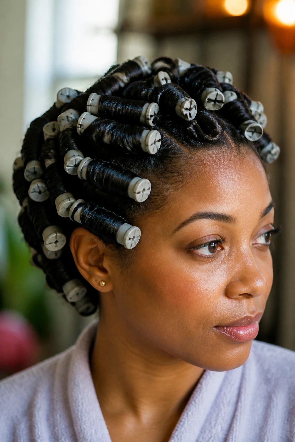 Woman with perm rod set curls in natural light