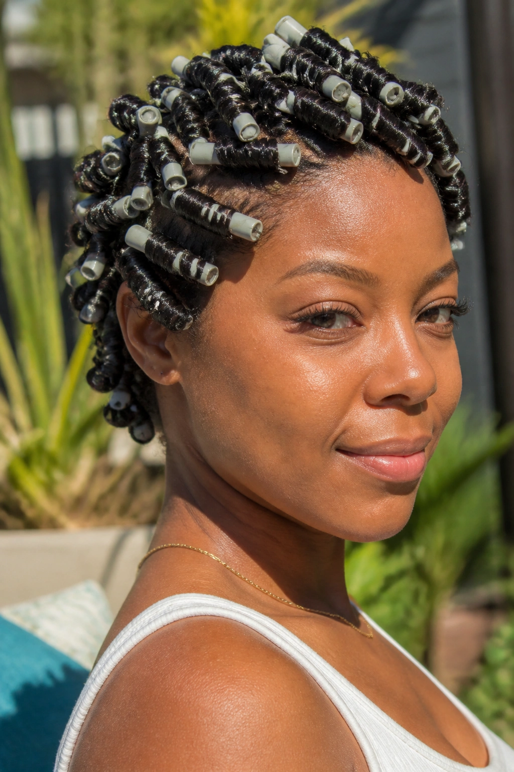 Close-up of real woman with short 4c hair in perm rod set.