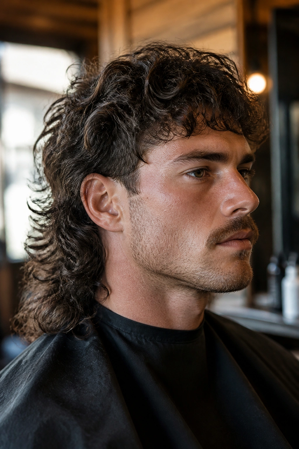 Close-up of a man with a perm long mullet under warm barbershop lighting