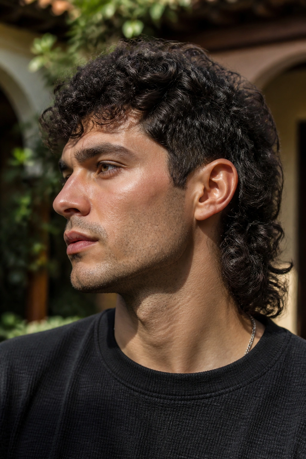 Close-up portrait of a man with a perm mullet and balanced length