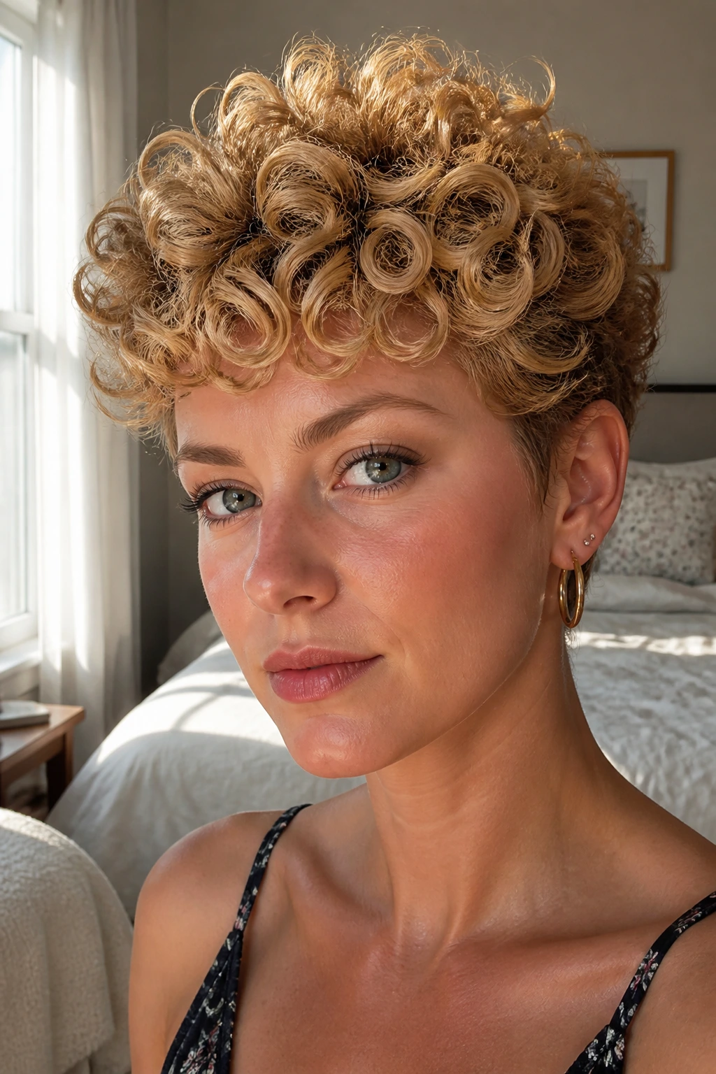 Close-up portrait of a real woman with permed ringlet pixie curls under warm window light