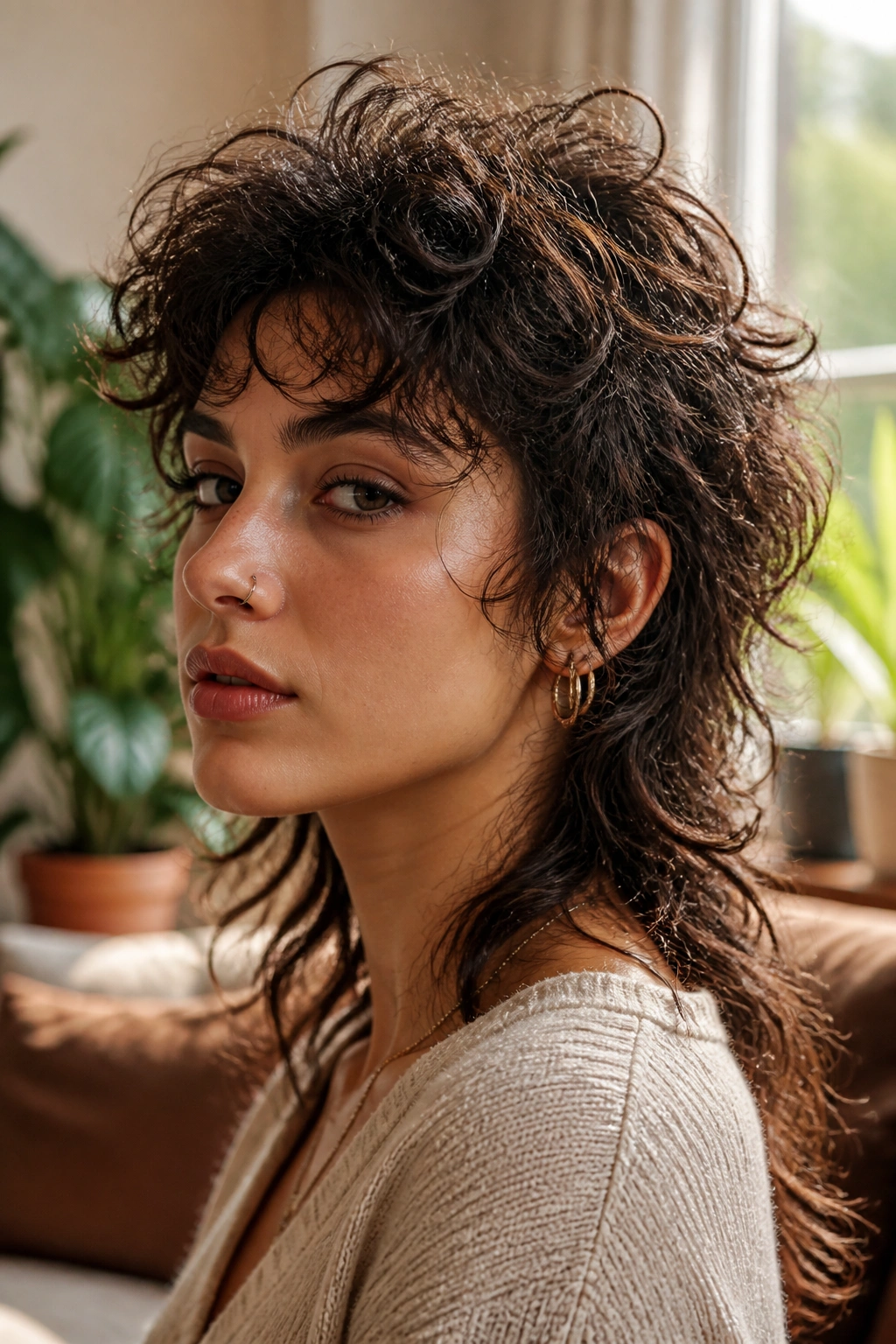 Close-up of a person with perm wolf cut mullet and defined waves
