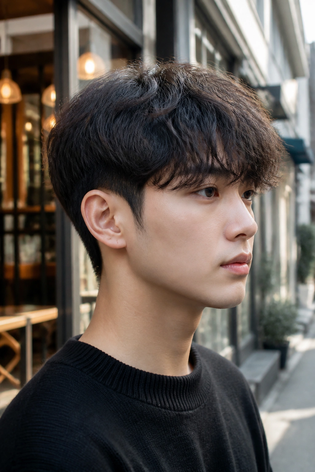 Real man with permed fringe and clean neckline portrait.
