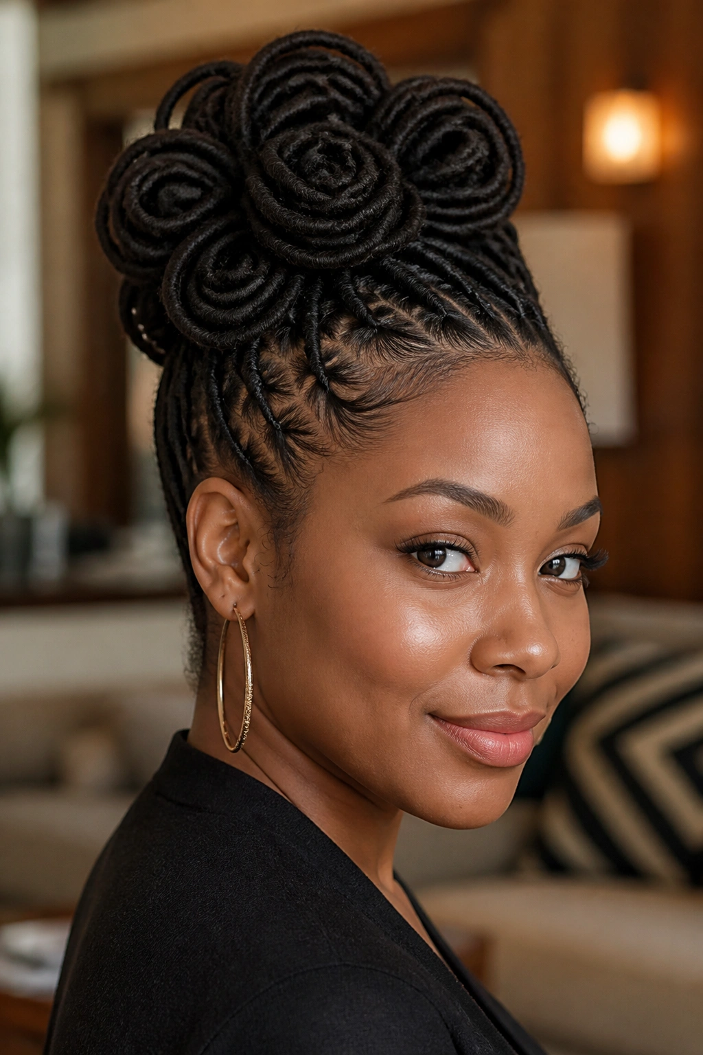 Close-up portrait of a real woman with a petal bun made of loops around a center, soft and layered.