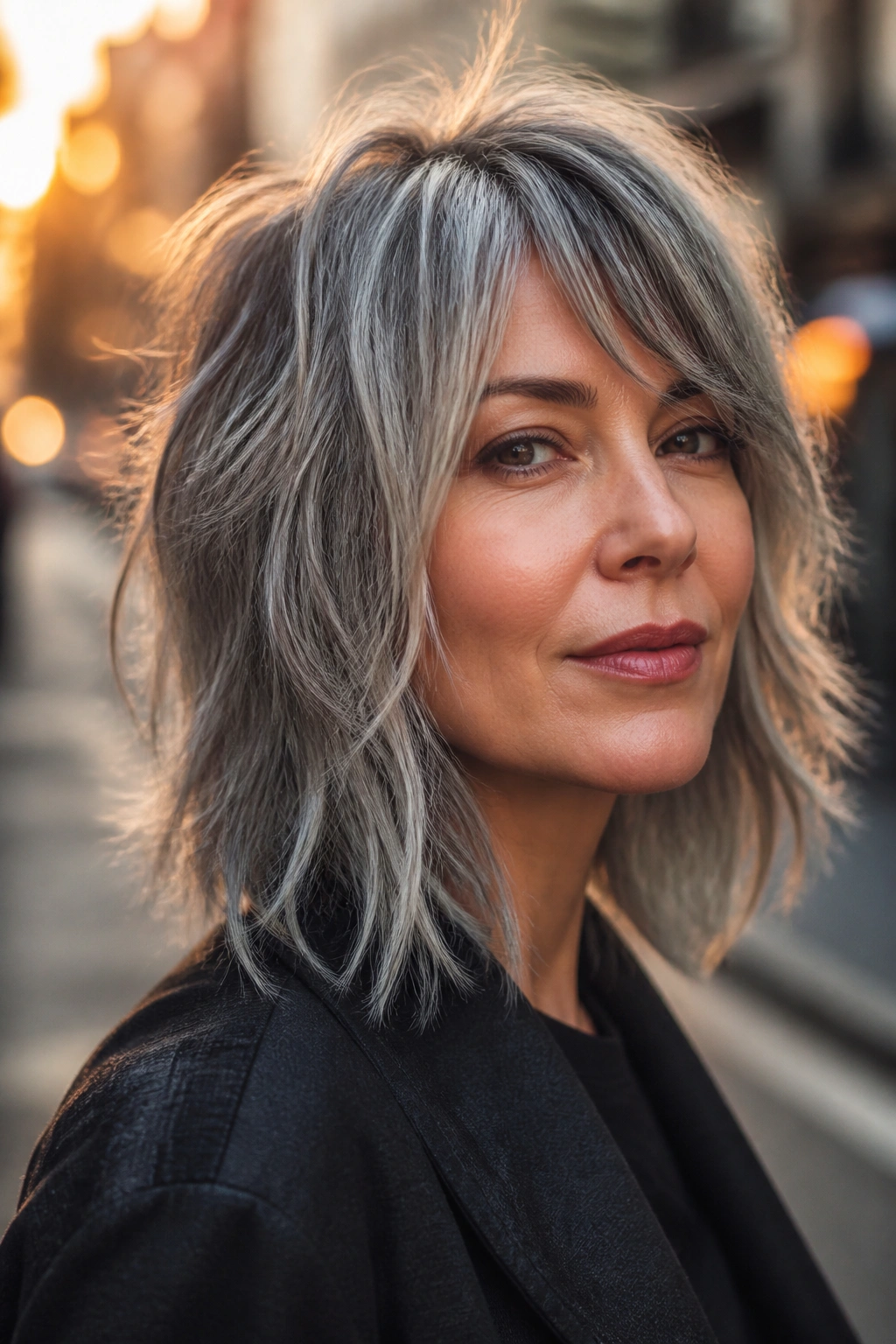 Close-up of a real woman with pewter silver hair and choppy layers on an urban street at sunset.