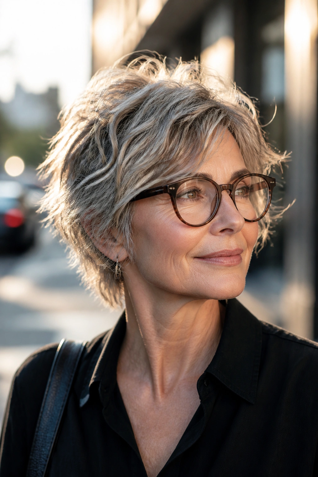 Close-up of a real woman with a piece-y short shag on a city sidewalk at golden hour
