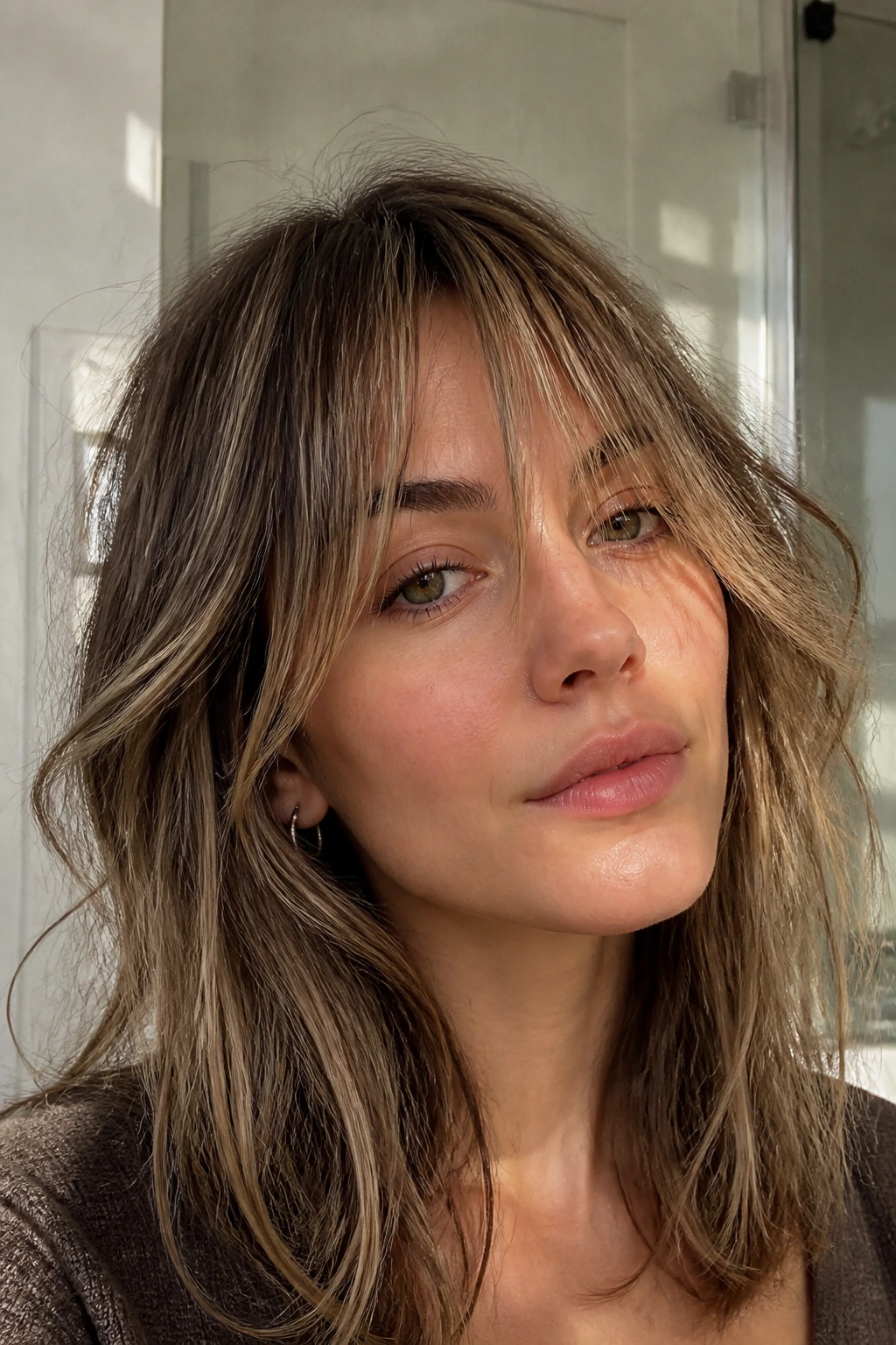 Real woman with piecey bangs and ash blonde threading in a sunlit interior