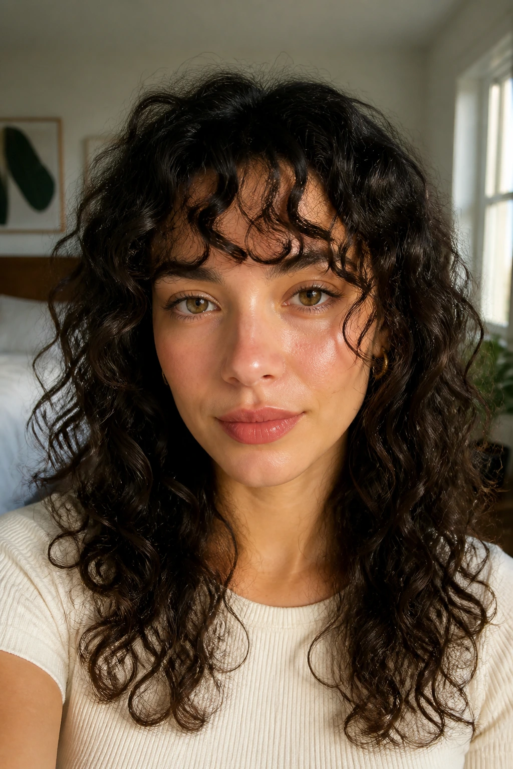 Portrait of a real woman with soft piecey bangs breaking into small sections