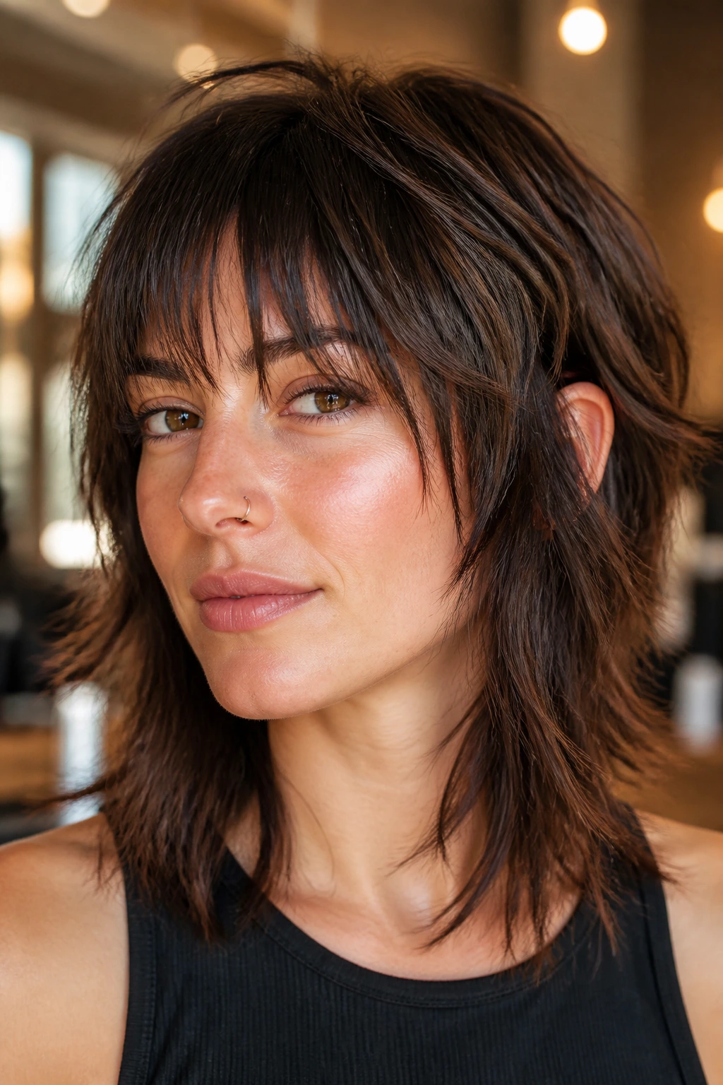 Close-up of a real woman with piecey bangs and disconnected layers in a warm salon light
