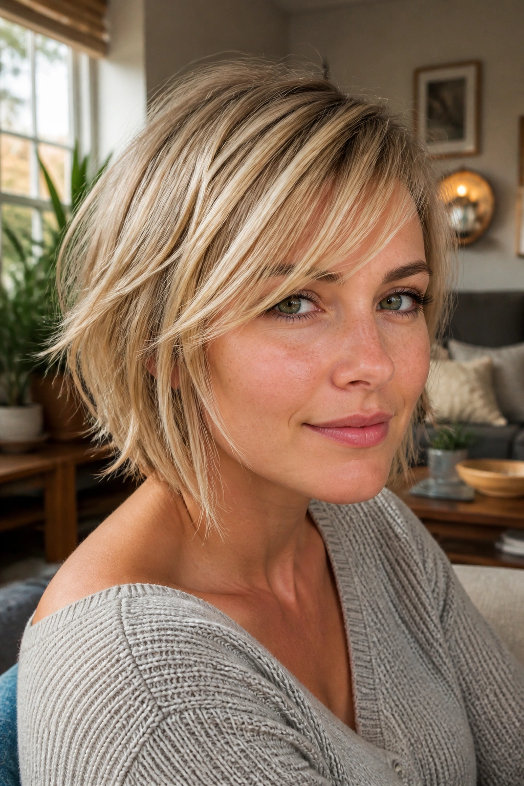 Real person with piecey bangs for fine hair, showing airy texture and framing strands.
