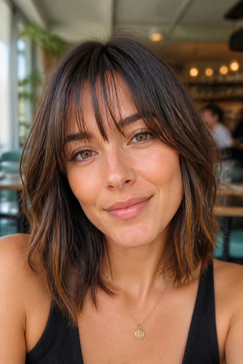 Real woman with piecey bangs exposing forehead sections in a bright cafe setting