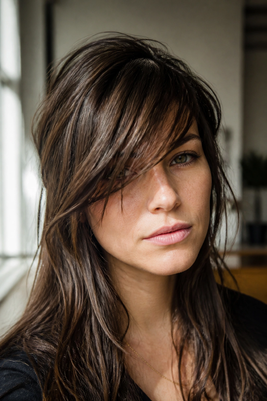 Close-up of a real person with textured, piecey side swept bangs